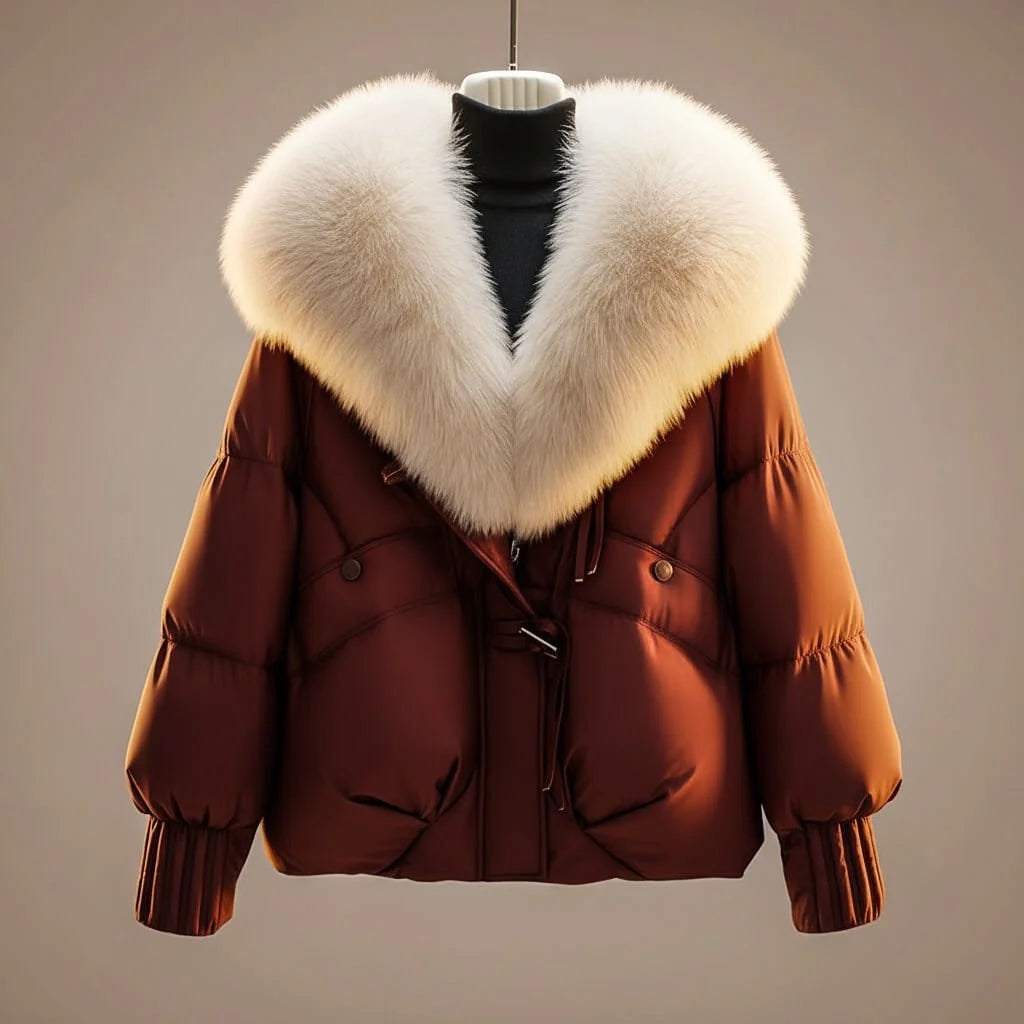 Women's Short Coat with Oversized Faux Fur Collar and Puffed Body 0