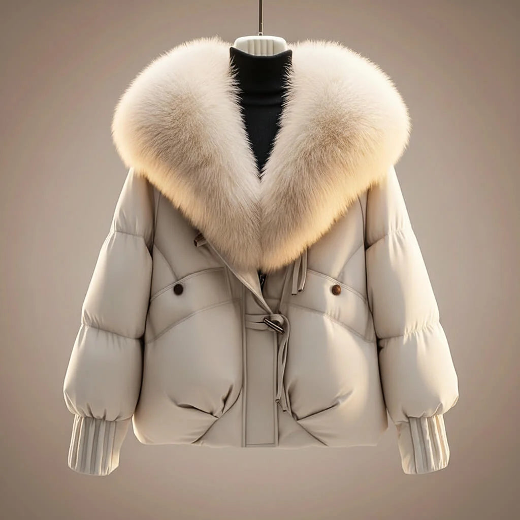 Women's Short Coat with Oversized Faux Fur Collar and Puffed Body 1