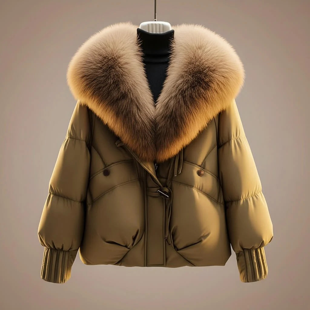 Women's Short Coat with Oversized Faux Fur Collar and Puffed Body 4