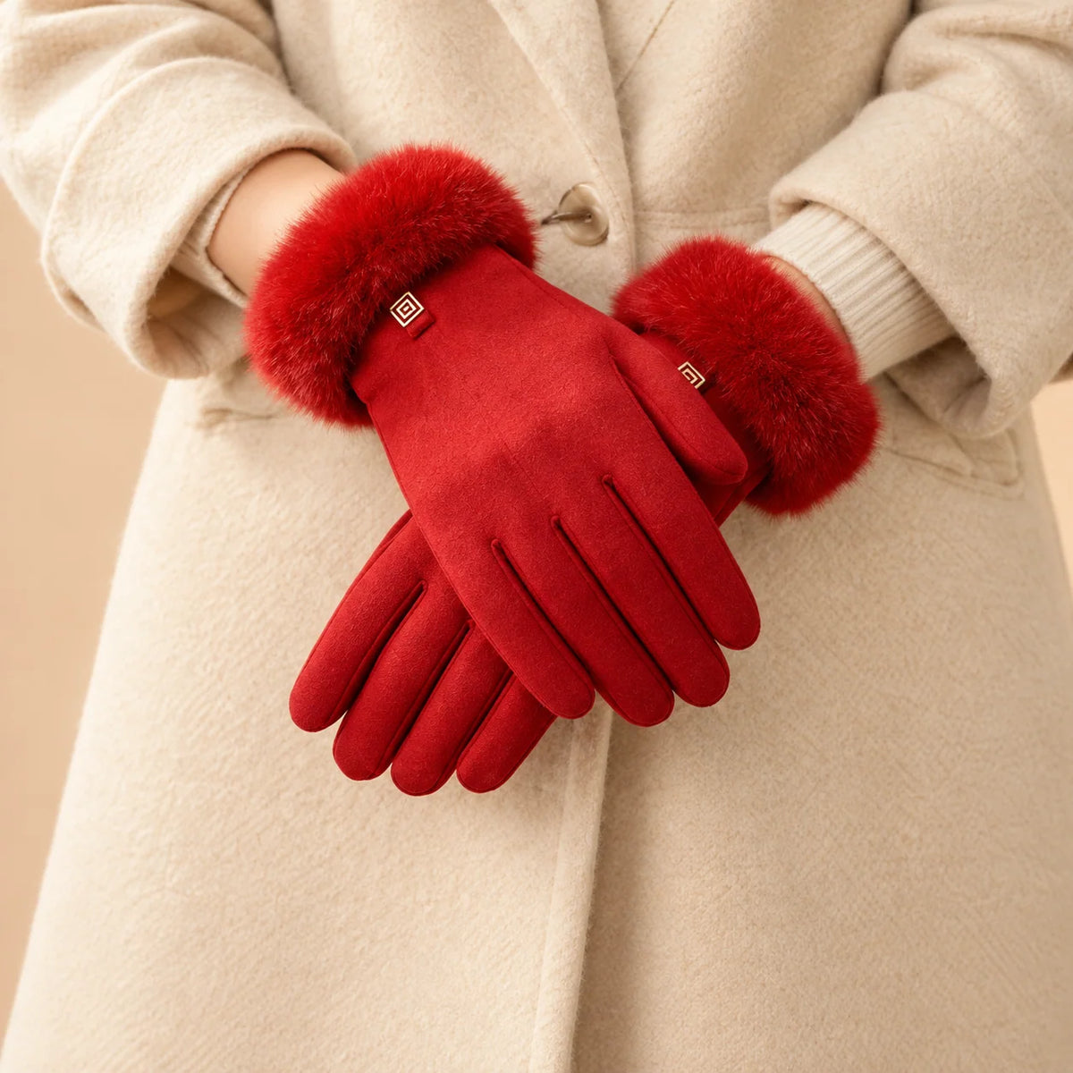 Women's Suede-Look Faux-Fur Cuff Winter Gloves 1
