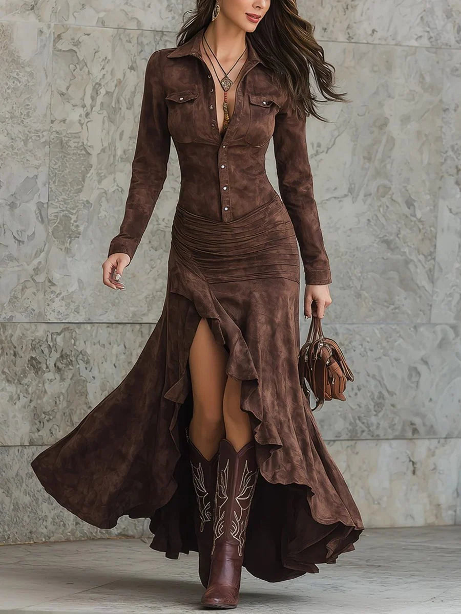 Women's Suede Button-Down Maxi Dress with High Slit 0