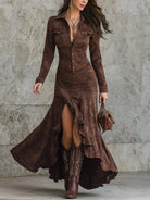 Women's Suede Button-Down Maxi Dress with High Slit 0
