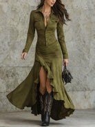 Women's Suede Button-Down Maxi Dress with High Slit 1