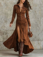 Women's Suede Button-Down Maxi Dress with High Slit 2