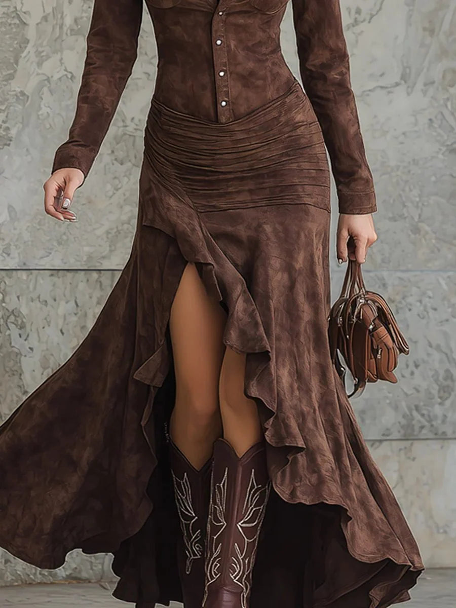 Women's Suede Button-Down Maxi Dress with High Slit 5