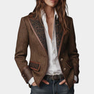 Women's Tailored Herringbone Blazer with Button Front and Patterned Lapels 0