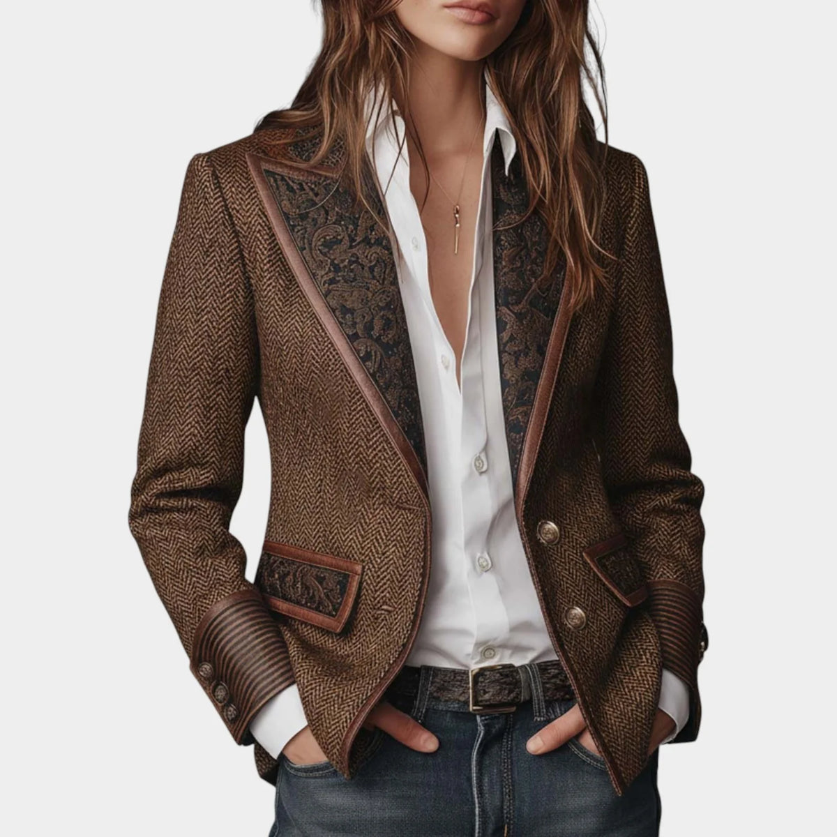 Women's Tailored Herringbone Blazer with Button Front and Patterned Lapels 0
