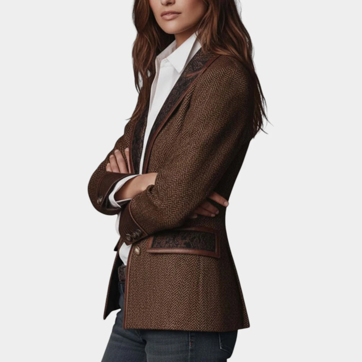 Women's Tailored Herringbone Blazer with Button Front and Patterned Lapels 1