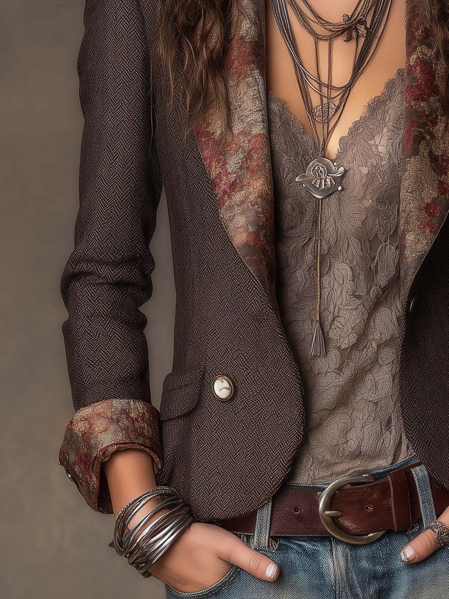 Women's Tailored Herringbone Blazer with Floral Lapel Print 6