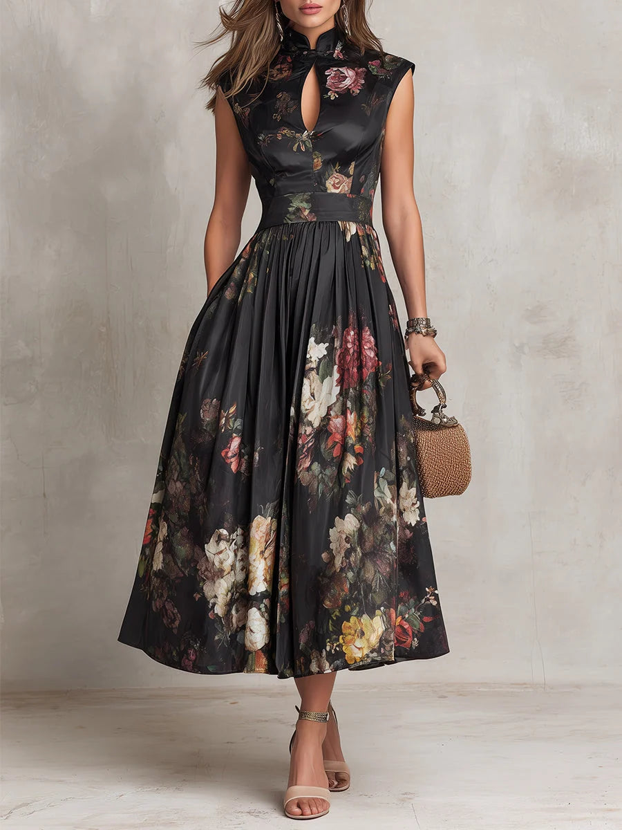 Women's Two-Piece Floral Satin Pleated Midi Dress Set 0