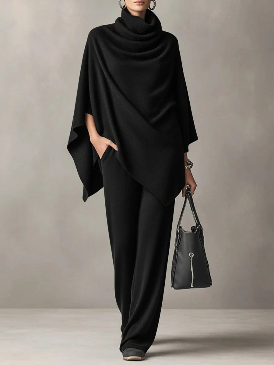 Women's Two Piece Pants Set with Draped Cowl Neck Top and Wide-Leg Trousers 0