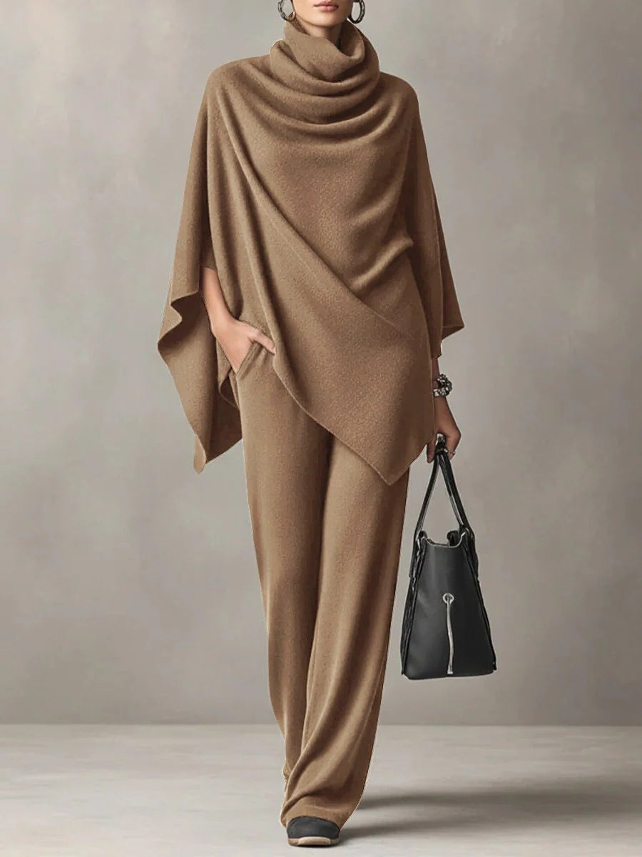 Women's Two Piece Pants Set with Draped Cowl Neck Top and Wide-Leg Trousers 1