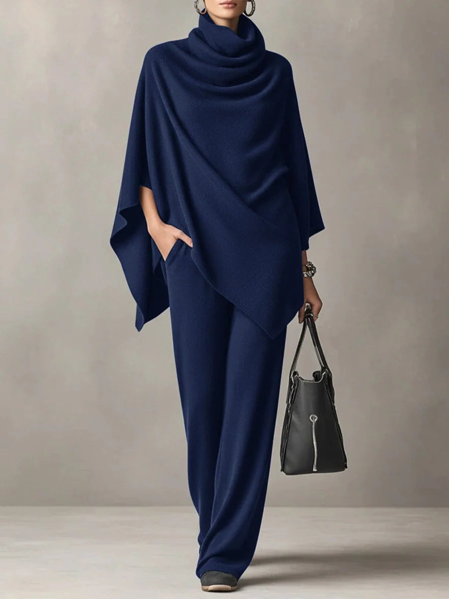 Women's Two Piece Pants Set with Draped Cowl Neck Top and Wide-Leg Trousers 2