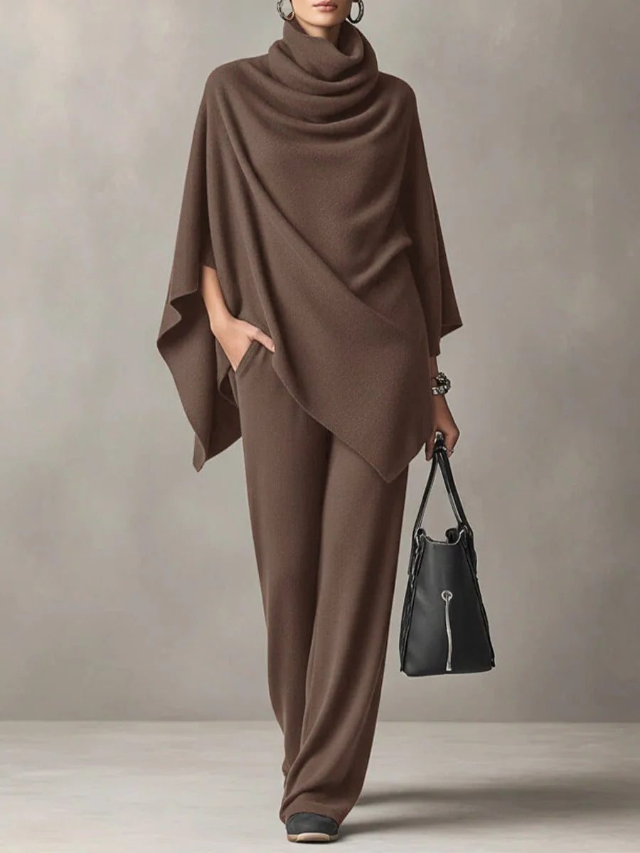 Women's Two Piece Pants Set with Draped Cowl Neck Top and Wide-Leg Trousers 3