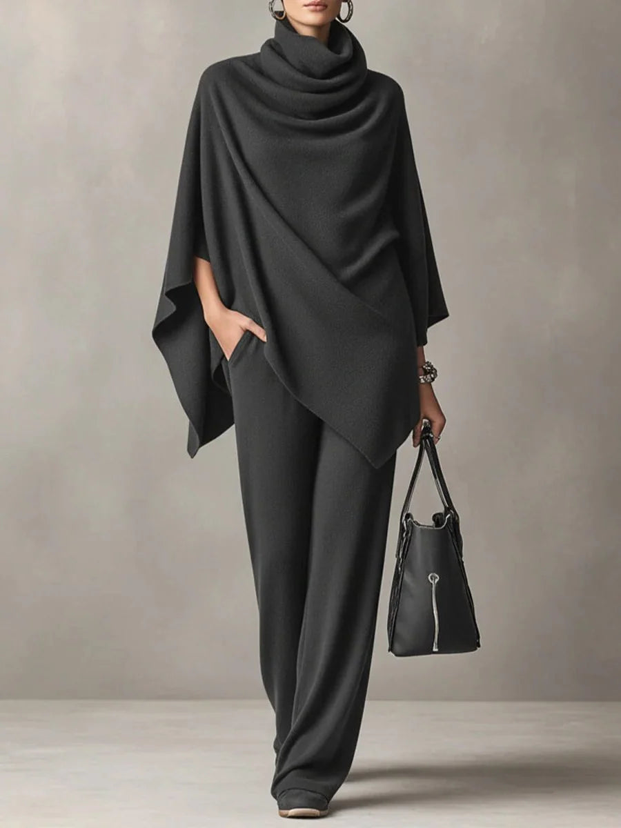 Women's Two Piece Pants Set with Draped Cowl Neck Top and Wide-Leg Trousers 4