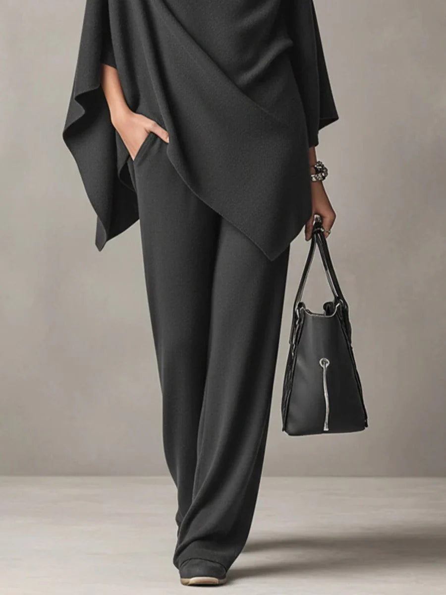 Women's Two Piece Pants Set with Draped Cowl Neck Top and Wide-Leg Trousers 6