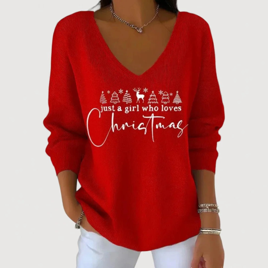 Women's V-Neck Long-Sleeve Holiday Top with Festive Motif 4