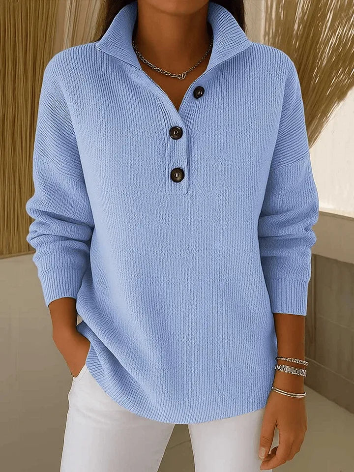 Women's V-Neck Polo Sweater with Ribbed Texture and Three-Button Placket 0