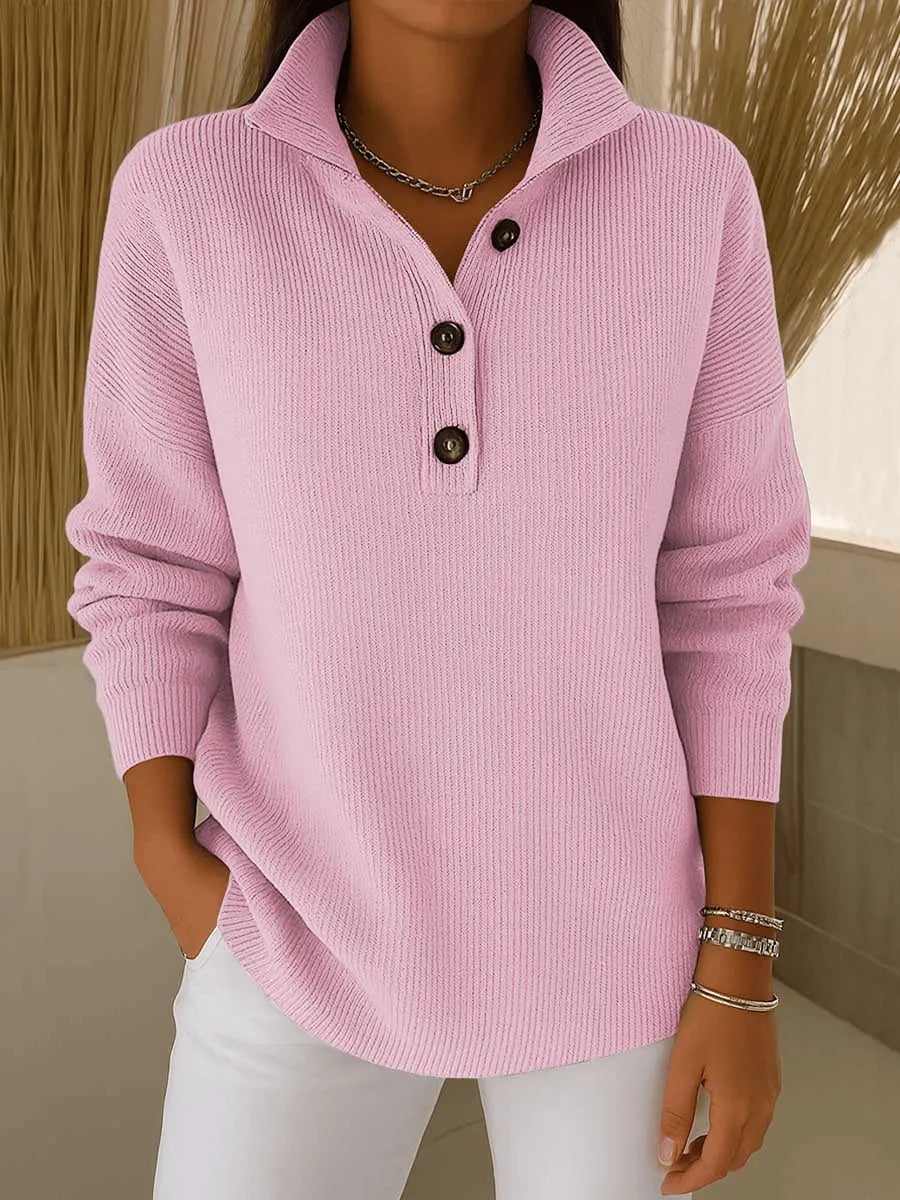 Women's V-Neck Polo Sweater with Ribbed Texture and Three-Button Placket 1