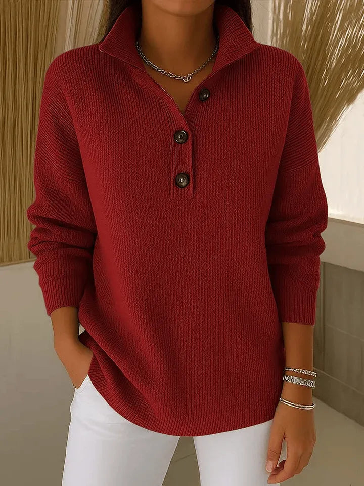 Women's V-Neck Polo Sweater with Ribbed Texture and Three-Button Placket 2