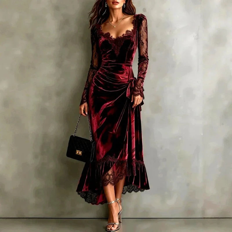 Women's Velvet Lace Maxi Dress with Long Sleeves 0