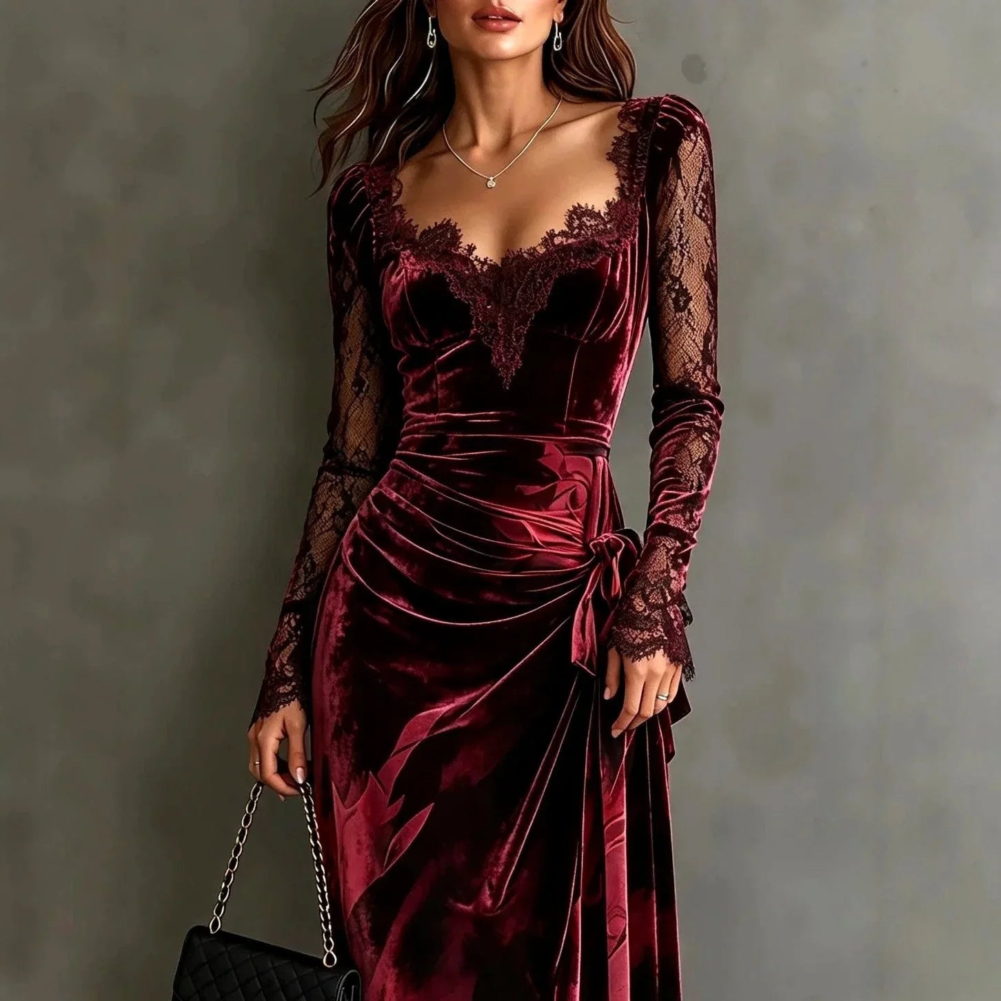 Women's Velvet Lace Maxi Dress with Long Sleeves 1