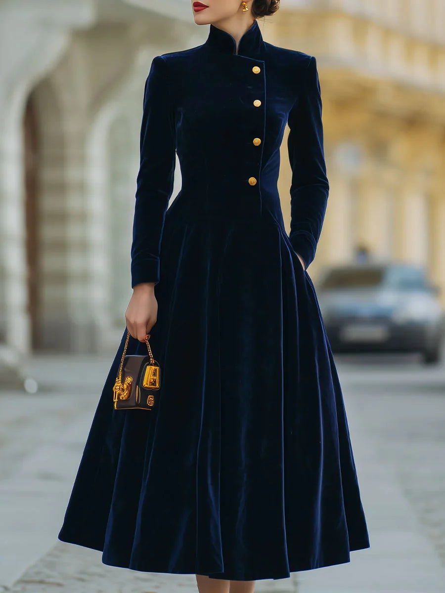 Women's Velvet Midi Dress with High Neck and Button Front, A-Line Silhouette 0