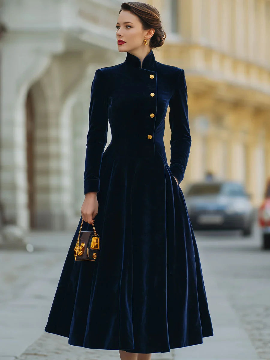 Women's Velvet Midi Dress with High Neck and Button Front, A-Line Silhouette 1