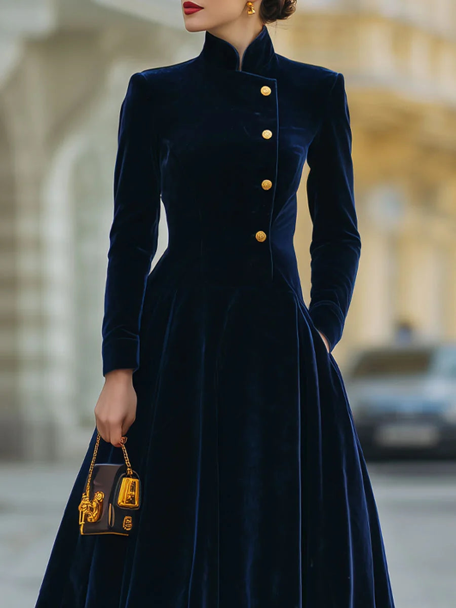 Women's Velvet Midi Dress with High Neck and Button Front, A-Line Silhouette 2