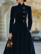 Women's Velvet Midi Dress with High Neck and Button Front, A-Line Silhouette 2