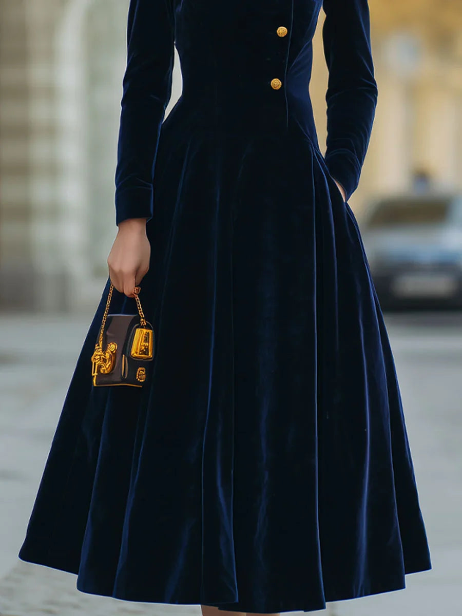 Women's Velvet Midi Dress with High Neck and Button Front, A-Line Silhouette 3