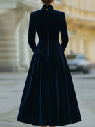 Women's Velvet Midi Dress with High Neck and Button Front, A-Line Silhouette 4