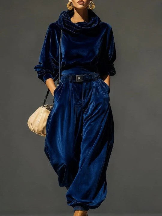 Women's Velvet Sweater Dress Set with Cowl Neck and Wide-Leg Pants 1