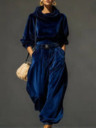 Women's Velvet Sweater Dress Set with Cowl Neck and Wide-Leg Pants 1