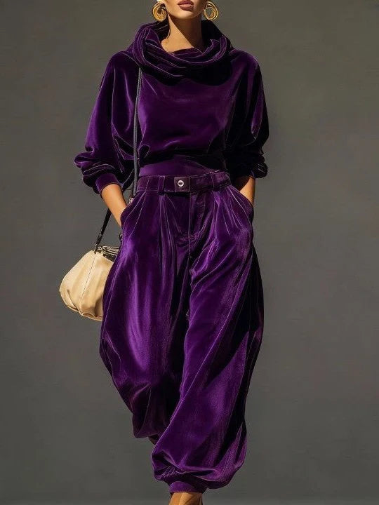Women's Velvet Sweater Dress Set with Cowl Neck and Wide-Leg Pants 2