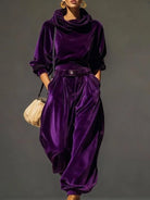 Women's Velvet Sweater Dress Set with Cowl Neck and Wide-Leg Pants 2
