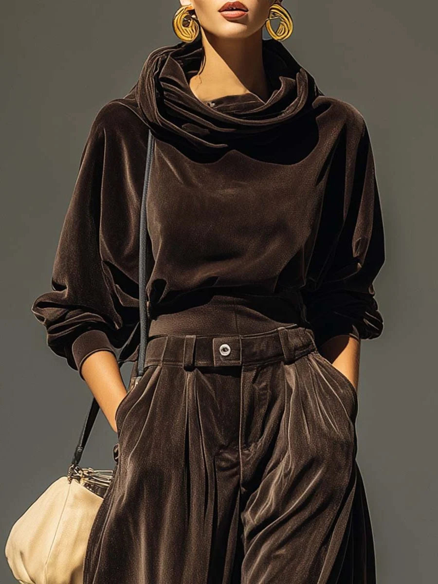 Women's Velvet Sweater Dress Set with Cowl Neck and Wide-Leg Pants 4
