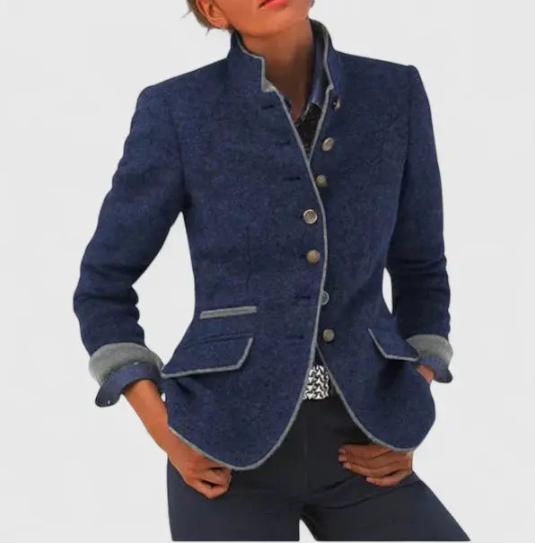 Women's Wool Blazer with Contrast Trim and Button Closure 4