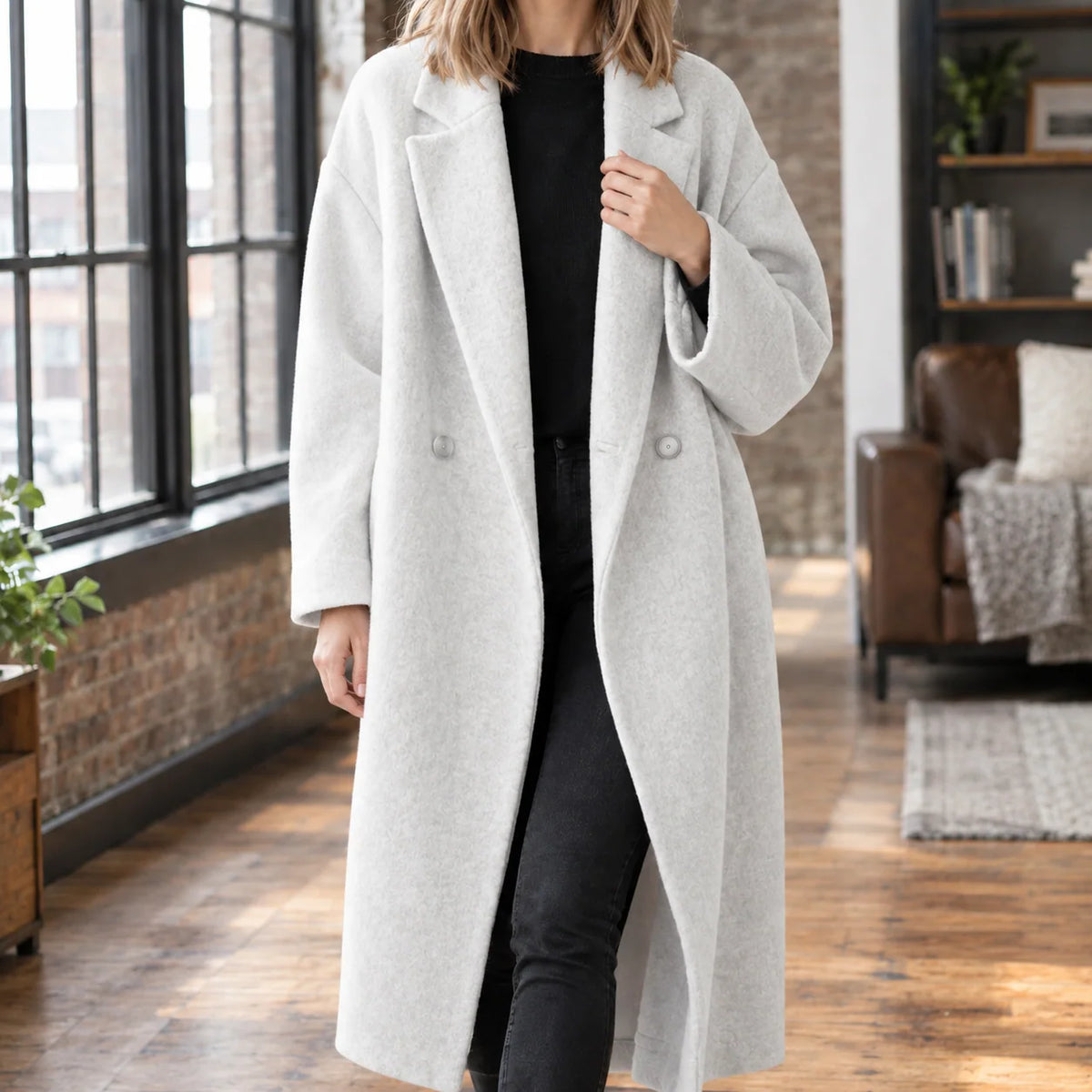 Women's Wool Blend Long Relaxed Overcoat with Broad Notched Lapels 2