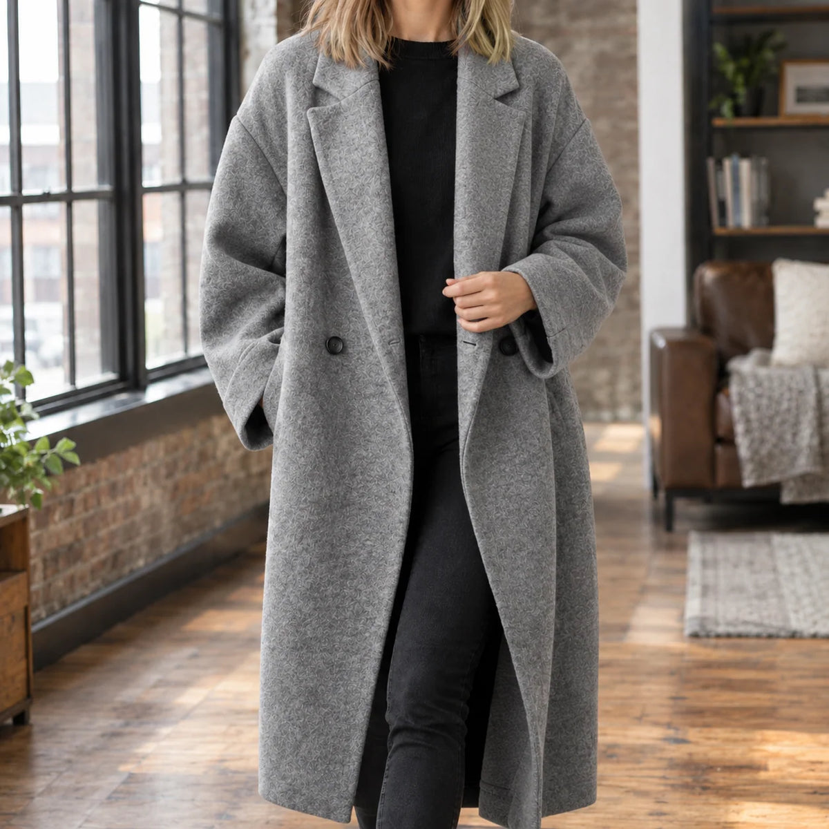 Women's Wool Blend Long Relaxed Overcoat with Broad Notched Lapels 3