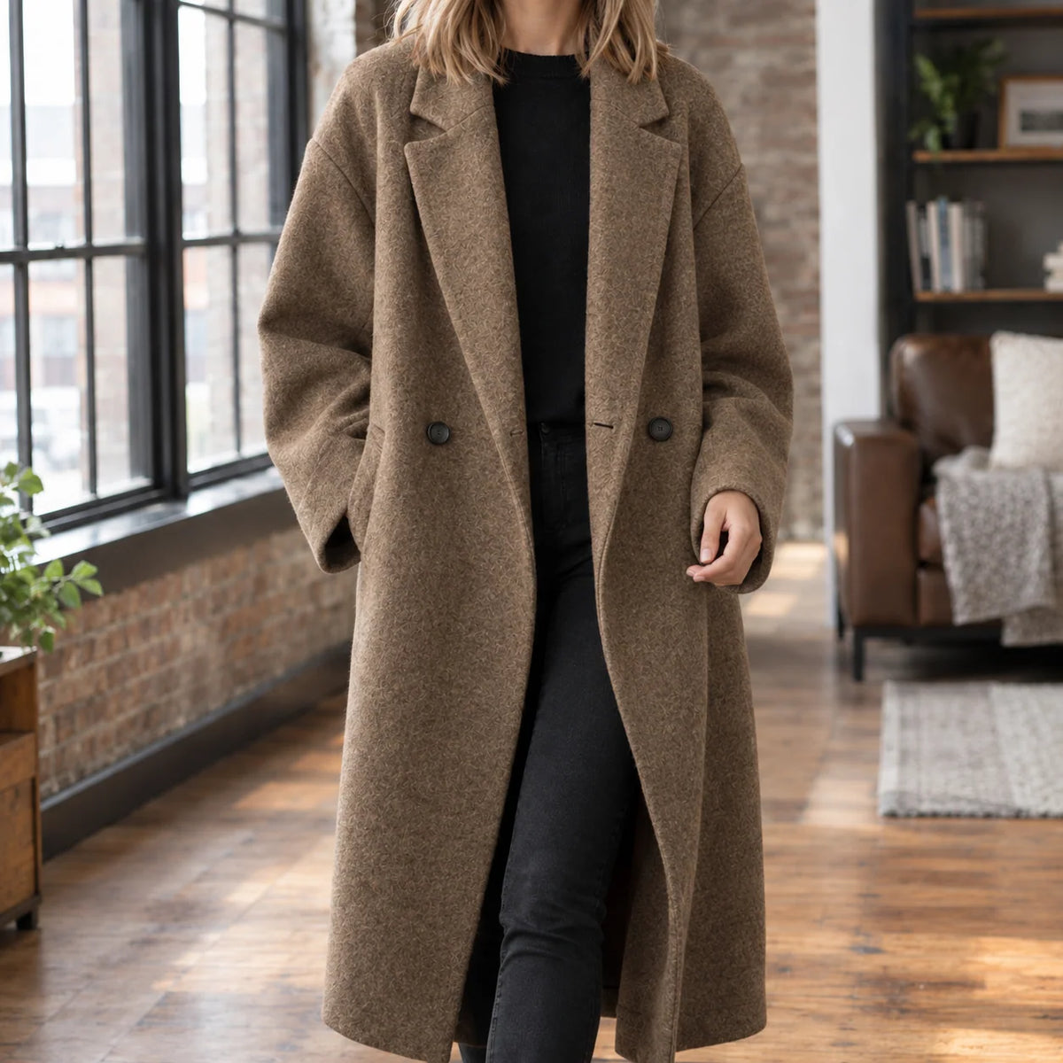 Women's Wool Blend Long Relaxed Overcoat with Broad Notched Lapels 4