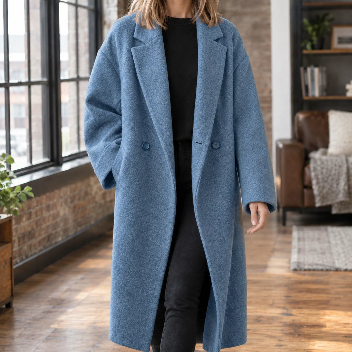 Women's Wool Blend Long Relaxed Overcoat with Broad Notched Lapels 5