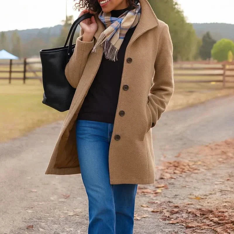 Women's Wool Blend Pea Coat with Button Front and Notched Lapel Collar 0