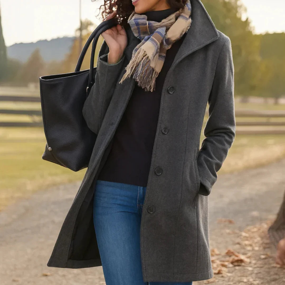 Women's Wool Blend Pea Coat with Button Front and Notched Lapel Collar 1