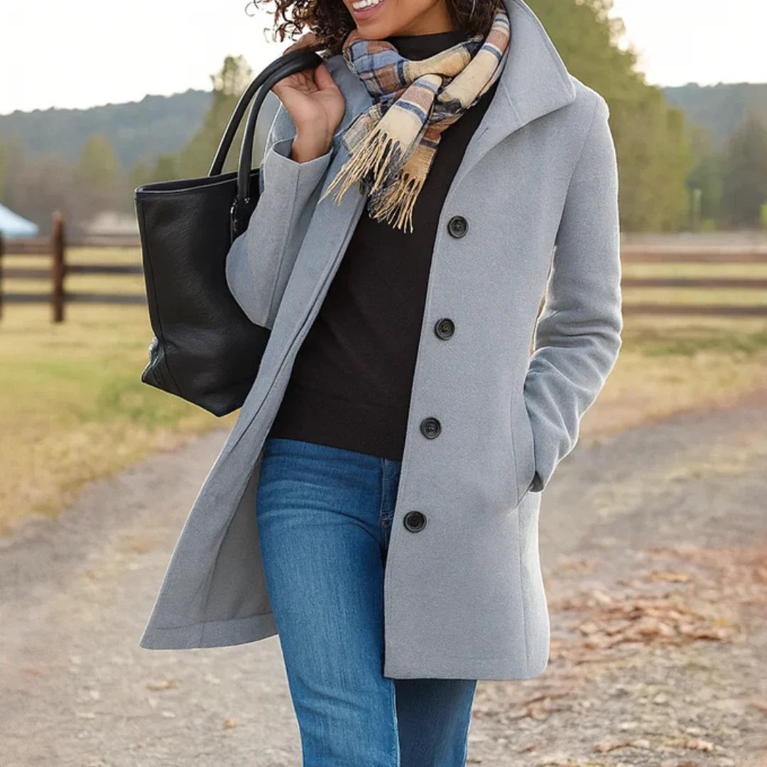 Women's Wool Blend Pea Coat with Button Front and Notched Lapel Collar 3