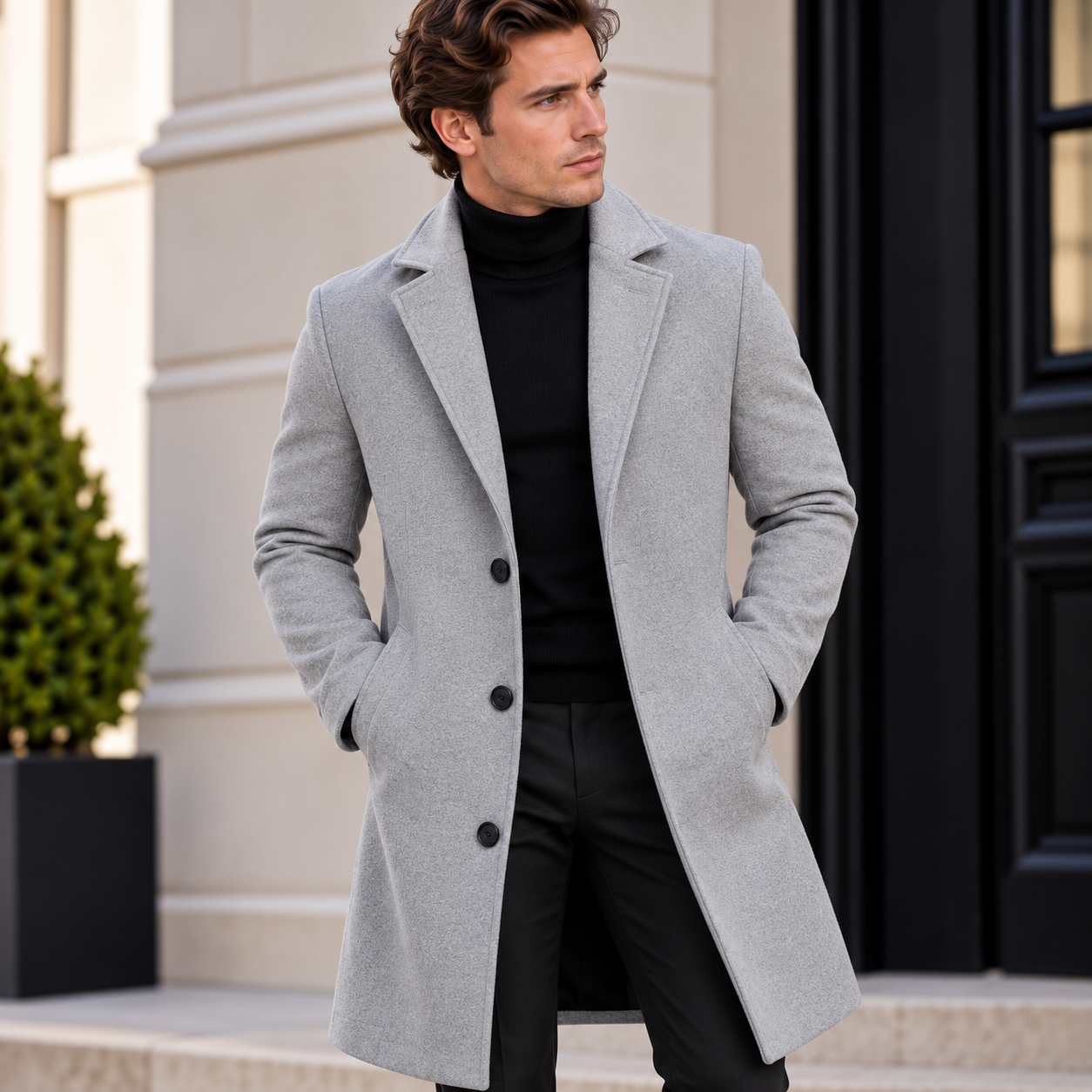 Men's Classic Single-Breasted Overcoat with Notched Lapels - 7