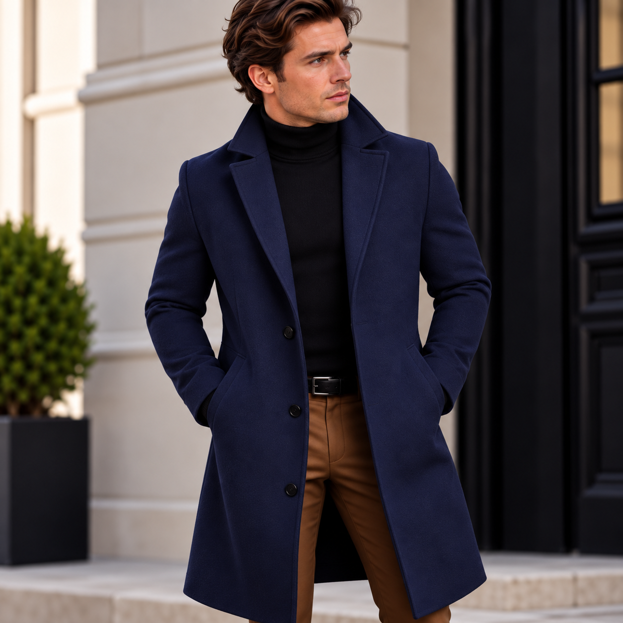 Men's Classic Single-Breasted Overcoat with Notched Lapels - 9