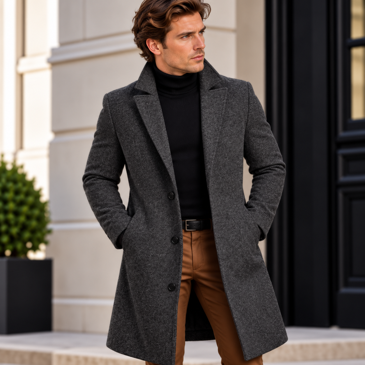 Men's Classic Single-Breasted Overcoat with Notched Lapels - 11