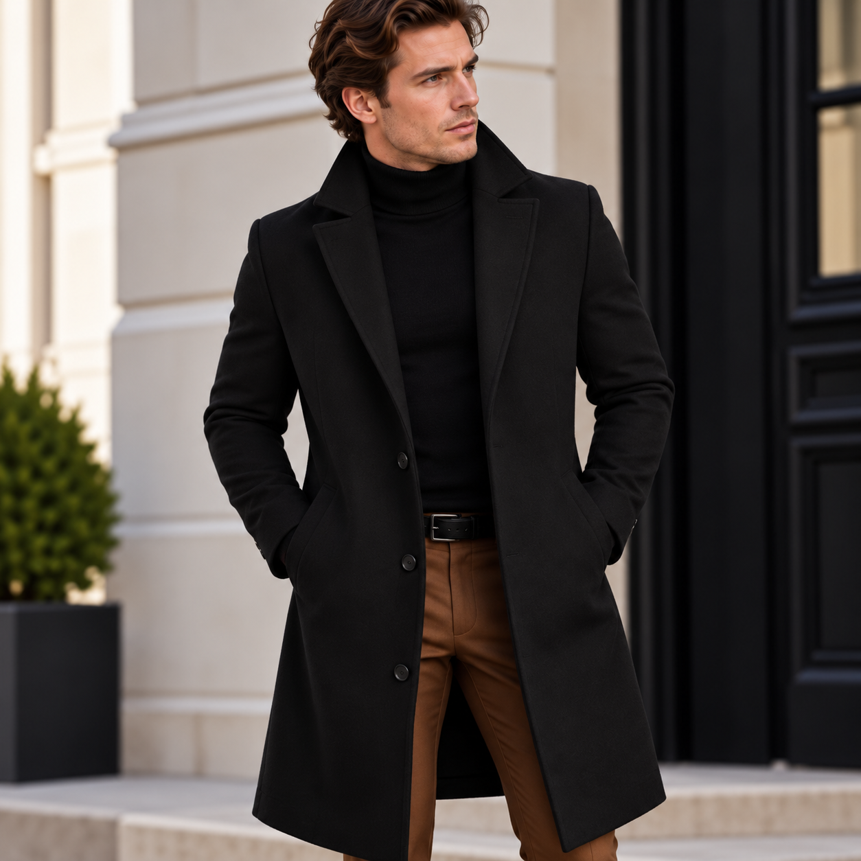 Men's Classic Single-Breasted Overcoat with Notched Lapels - 4