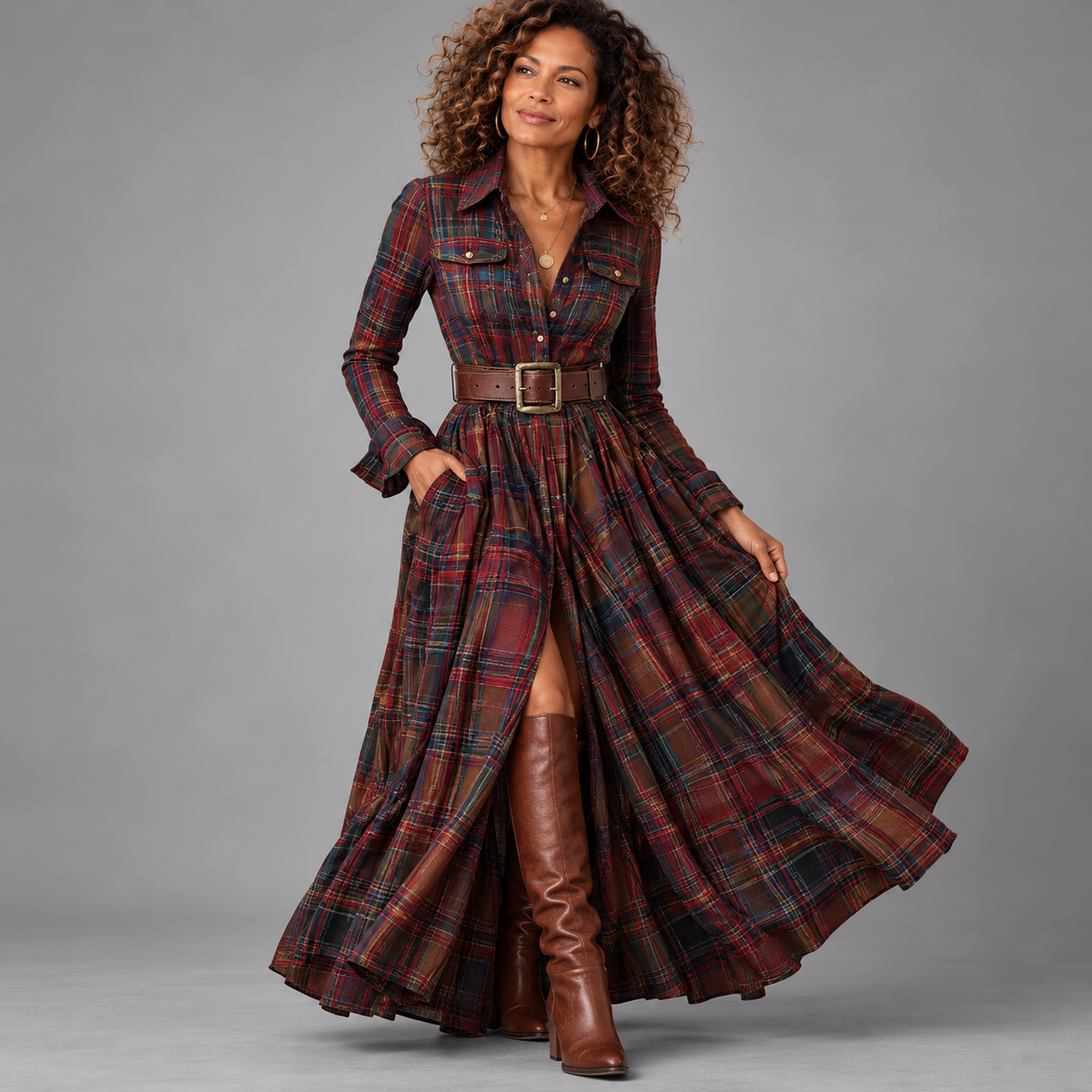 Women's Classic Plaid Button-Down Shirt Dress with Flowing Silhouette ...